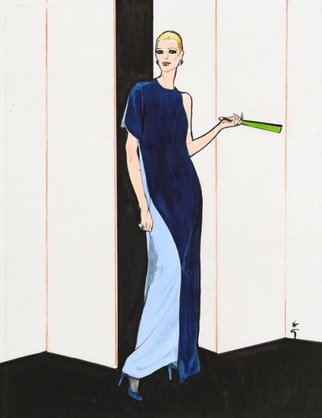 Robe bleue, éventail vert. Projet de mode pour la maison Grès, 1981